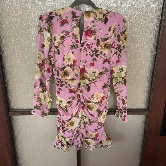 LUSH Mauve Floral Ruffle Hem Rouched Surplice Bodice Long Sleeve Mini Dress Sm - Picture 7 of 9